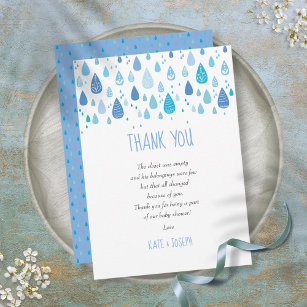 Tarjeta De Agradecimiento Cute Blue Raindrop Baby Shower Gracias Poema