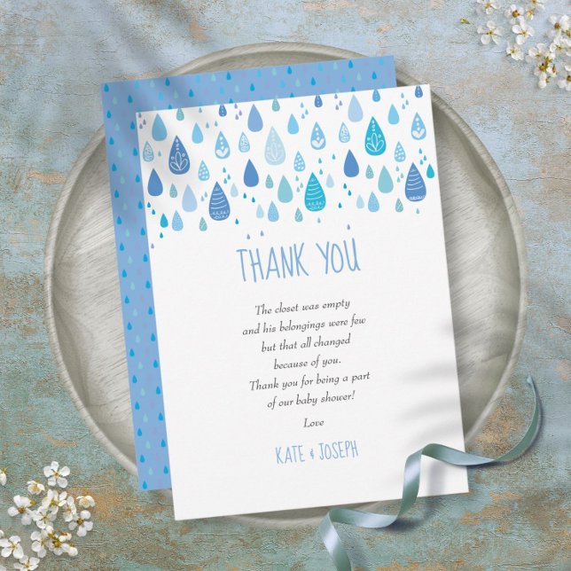Tarjeta De Agradecimiento Cute Blue Raindrop Baby Shower Gracias Poema (Cute Blue Raindrops Baby Shower Thank You Poem)