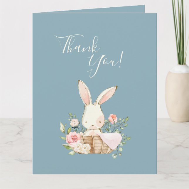 Tarjeta De Agradecimiento Cute Blue Watercolor Bunny Baby Shower (Anverso)