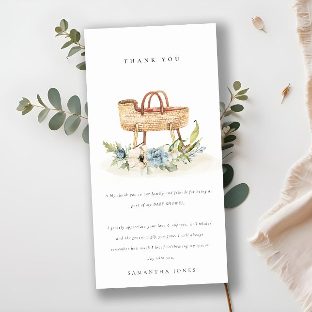 Tarjeta De Agradecimiento Cute Boho Nursery Blue Floral Bassinet Baby Shower (Subido por el creador)