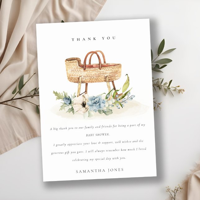 Tarjeta De Agradecimiento Cute Boho Nursery Blue Floral Bassinet Baby Shower (Subido por el creador)