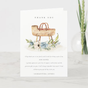 Tarjeta De Agradecimiento Cute Boho Nursery Blue Floral Bassinet Baby Shower