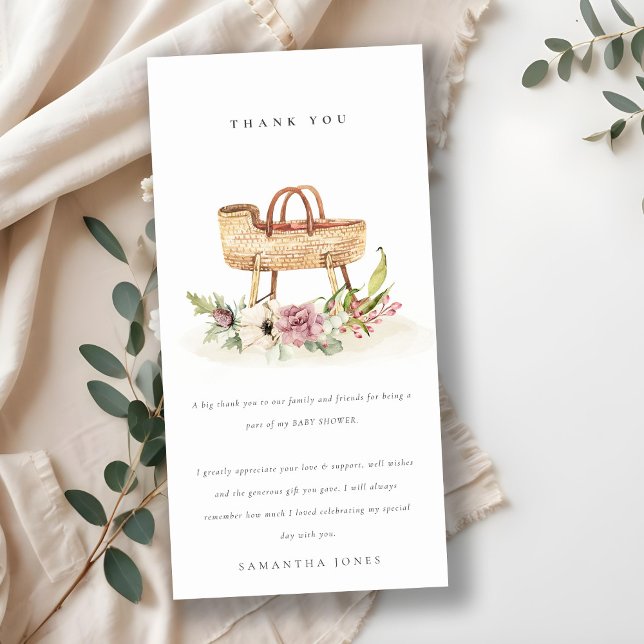 Tarjeta De Agradecimiento Cute Boho Nursery Floral rosa Bassinet Baby Shower (Subido por el creador)