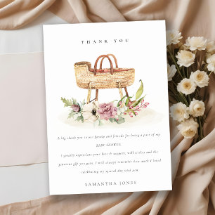 Tarjeta De Agradecimiento Cute Boho Nursery Floral rosa Bassinet Baby Shower