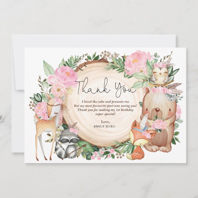 Tarjeta De Agradecimiento Cute Boho Pink Floral Tribal Woodland Cumpleaños (Anverso)