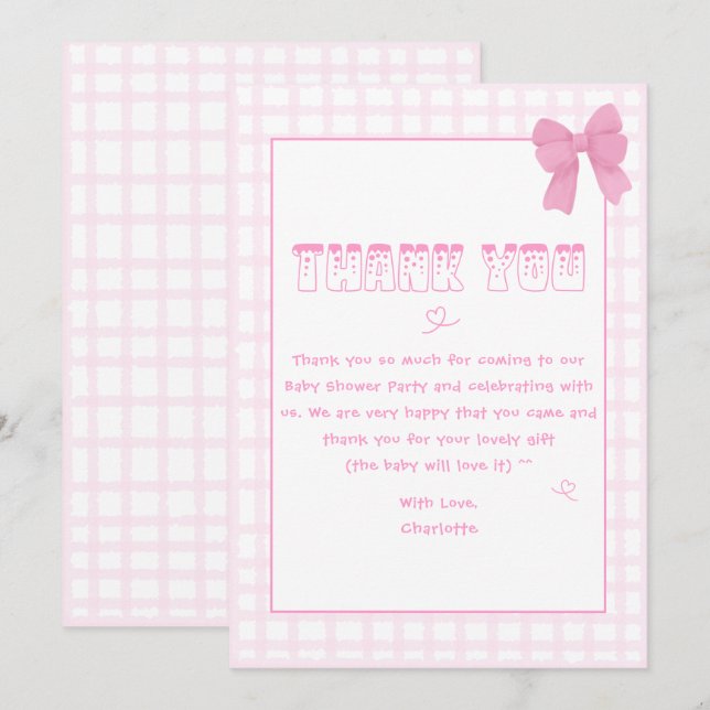 Tarjeta De Agradecimiento Cute Bow Pastel Rosa Gingham Baby Shower (Anverso / Reverso)