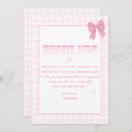 Tarjeta De Agradecimiento Cute Bow Pastel Rosa Gingham Baby Shower