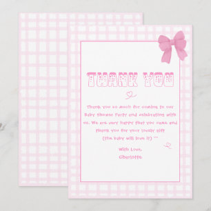 Tarjeta De Agradecimiento Cute Bow Pastel Rosa Gingham Baby Shower