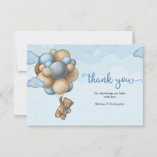Tarjeta De Agradecimiento Cute Boy teddy oso globos blancos beige marrón