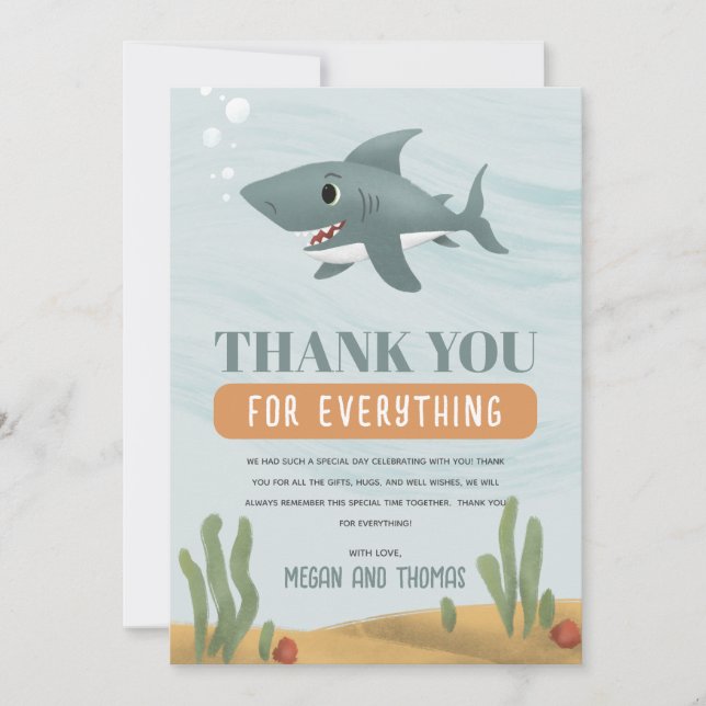 Tarjeta De Agradecimiento Cute Boys Shark Baby Shower Gracias (Anverso)