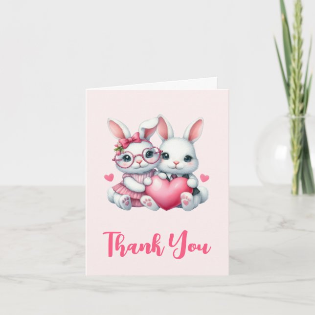 Tarjeta De Agradecimiento Cute Bunnies Sharing a Heart (Anverso)