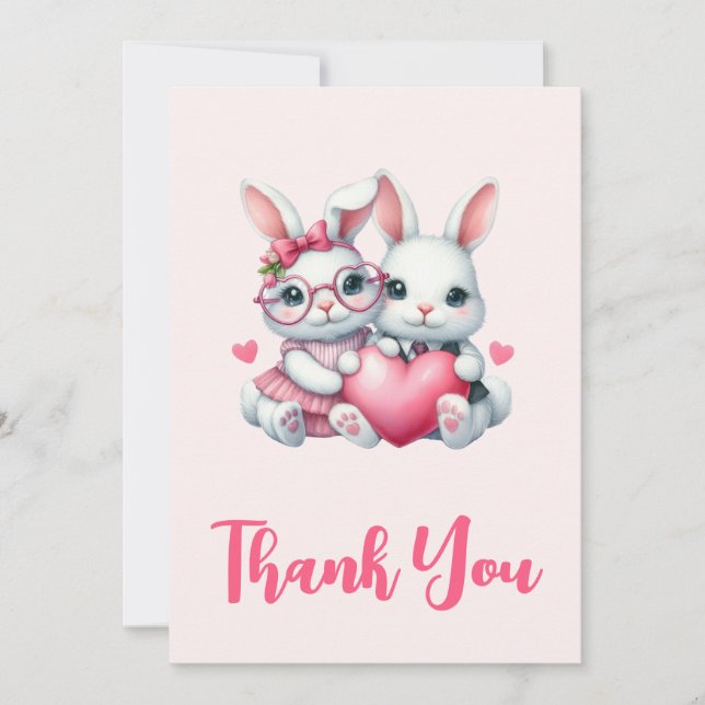Tarjeta De Agradecimiento Cute Bunnies Sharing a Heart Party (Anverso)