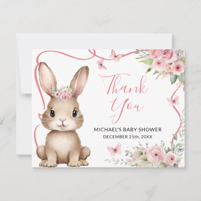 Tarjeta De Agradecimiento Cute Bunny Baby Shower Girl Pink Floral (Anverso)