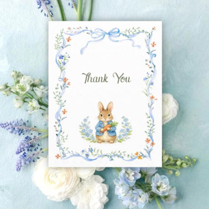Tarjeta De Agradecimiento Cute Bunny Boy Floral Blue Bow Baby Shower