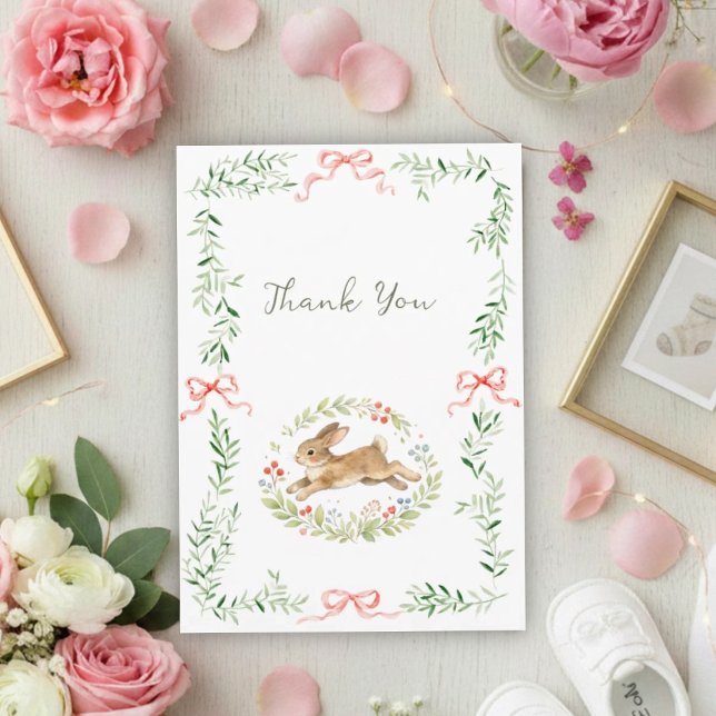Tarjeta De Agradecimiento Cute Bunny Girl Floral Pink Bow Baby Shower  (Subido por el creador)