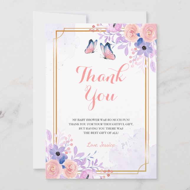 Tarjeta De Agradecimiento Cute Butterfly Purple Pink Floral Girl Baby Shower (Anverso)
