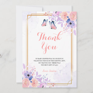 Tarjeta De Agradecimiento Cute Butterfly Purple Pink Floral Girl Baby Shower