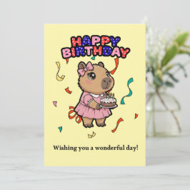 Tarjeta De Agradecimiento Cute Capybara Birthday Card - Pink Dress & Cake 