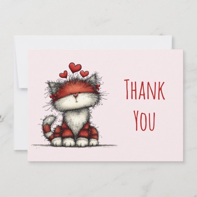 Tarjeta De Agradecimiento Cute Cat with Red Love Hearts (Anverso)