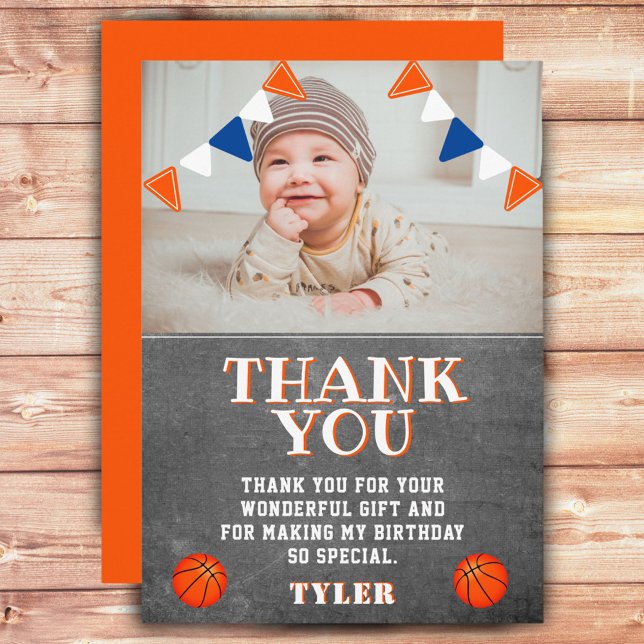 Tarjeta De Agradecimiento Cute Chalkboard Basketball Foto Cumpleaños (Subido por el creador)