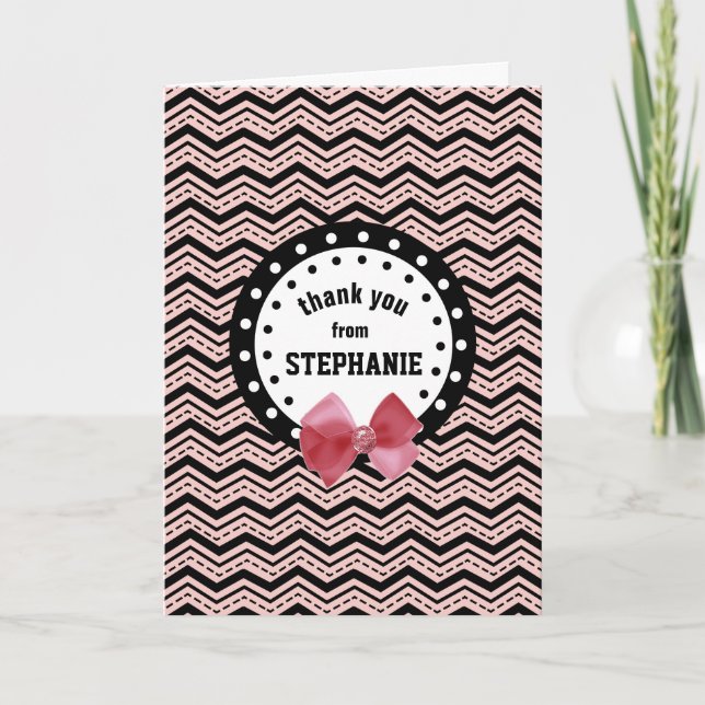 Tarjeta De Agradecimiento Cute Chevrons, Dots y Bow Pink and White Z58 (Anverso)