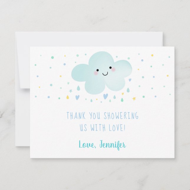 Tarjeta De Agradecimiento Cute Cloud Stars Blue Baby Shower (Anverso)