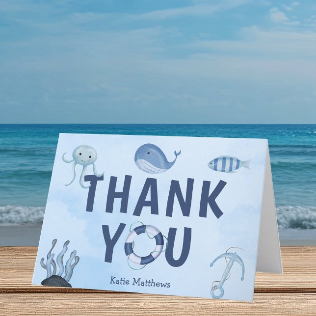 Tarjeta De Agradecimiento Cute Coastal Baby Shower Ocean Animals (Subido por el creador)
