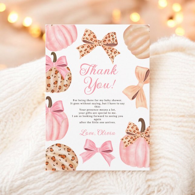 Tarjeta De Agradecimiento Cute Coquette Pink Bow Leopardo Pumpkin ducha bebé (Cute Coquette Pink Bow Leopard Pumpkin baby shower Thank You Card)