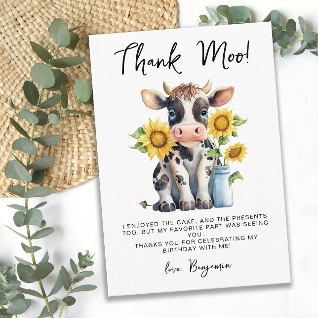 Tarjeta De Agradecimiento Cute Cow Sunflowers Moderno Fábrica Simple Cumplea (Subido por el creador)