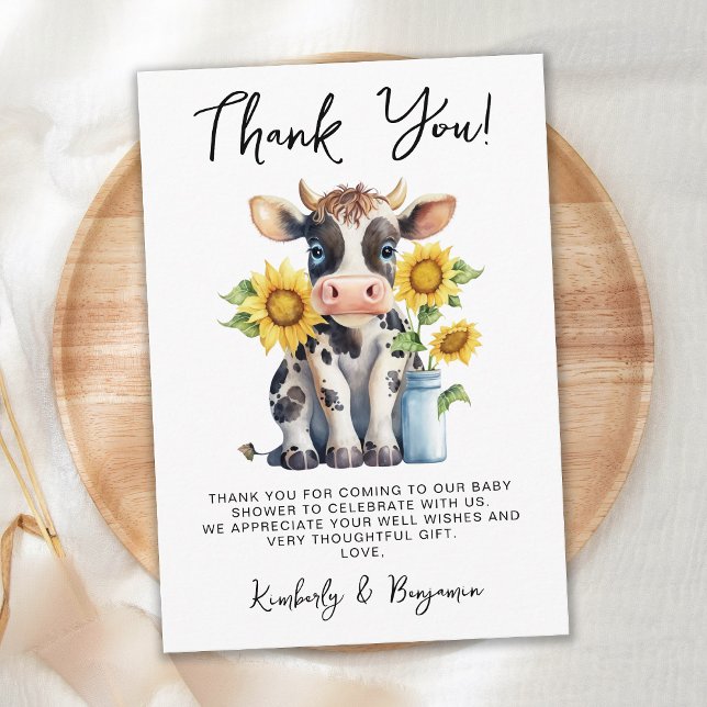 Tarjeta De Agradecimiento Cute Cow Sunflowers Moderno Simple Farm Baby Showe (Subido por el creador)
