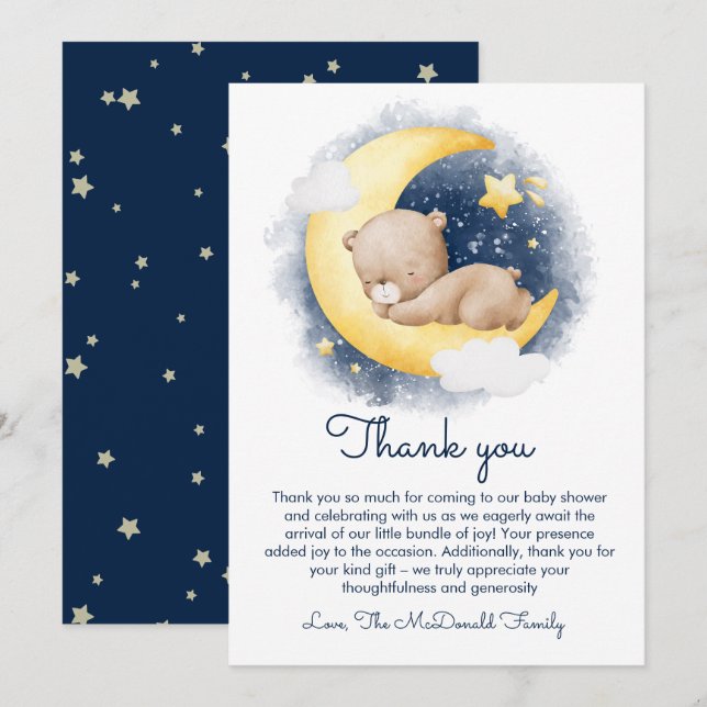 Tarjeta De Agradecimiento Cute Crescent Moon Teddy Bear Baby Shower (Anverso / Reverso)