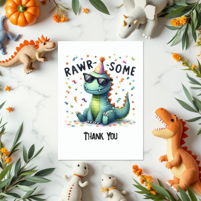 Tarjeta De Agradecimiento Cute Cumpleaños Infantil de Dinosaurio “Rawr-some” (Cute Dinosaur “Rawr-some” Kids Birthday Thank You Card)