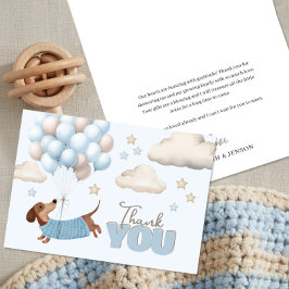 Tarjeta De Agradecimiento Cute Dachshund and Balloons Boy Baby Shower