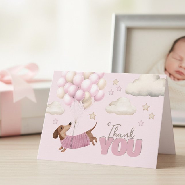 Tarjeta De Agradecimiento Cute Dachshund and Balloons Girl Baby Shower (Dachshund Teenie Weenie Thank you card - Girl Baby Shower stationery.)