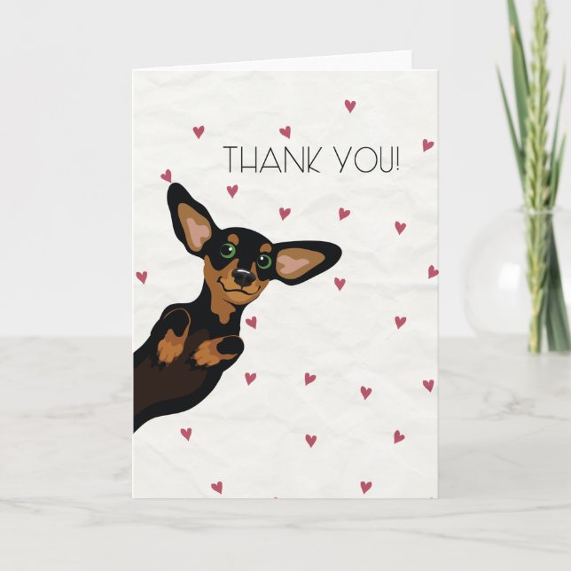 Tarjeta De Agradecimiento Cute Dachshund gracias carta con corazones (Anverso)