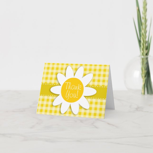 Tarjeta De Agradecimiento Cute Daisy sobre el Gingham amarillo Dorado (Anverso)