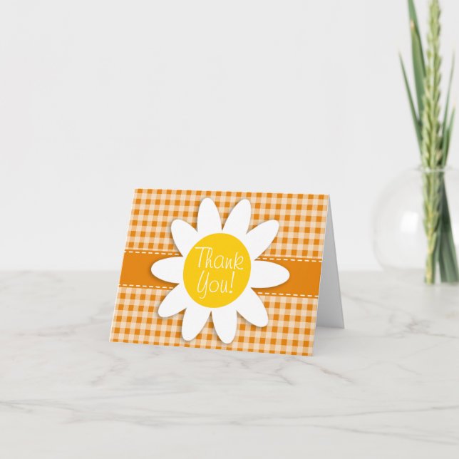 Tarjeta De Agradecimiento Cute Daisy sobre el Naranja oscuro Gingham (Anverso)