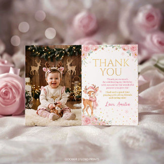 Tarjeta De Agradecimiento Cute Deer Pink Floral Cumpleaños Foto de Invierno