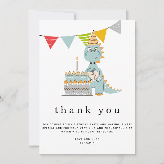 Tarjeta De Agradecimiento Cute Dinosaur Cake Kids Cumpleaños Gracias (Anverso)