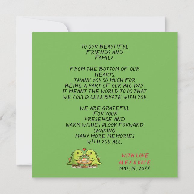 Tarjeta De Agradecimiento Cute Dinosaur Couple Wedding Thank You Card (Reverso)