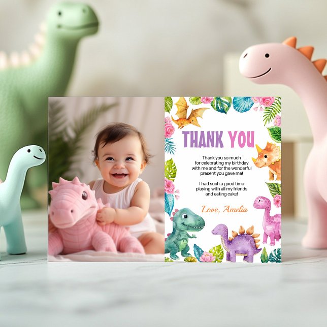 Tarjeta De Agradecimiento Cute Dinosaurios Chica Febrero de Aniversario Foto (Subido por el creador)