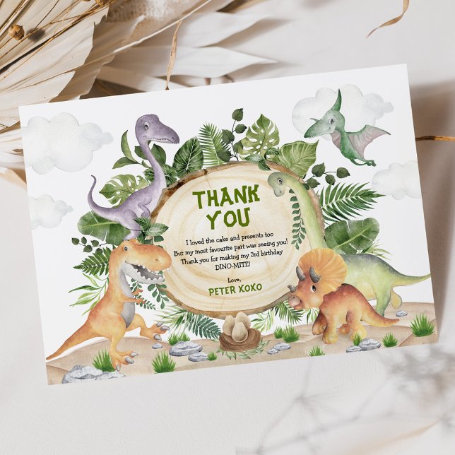 Tarjeta De Agradecimiento Cute Dinosaurios Tropicales Selva Verde Cumpleaños (Subido por el creador)