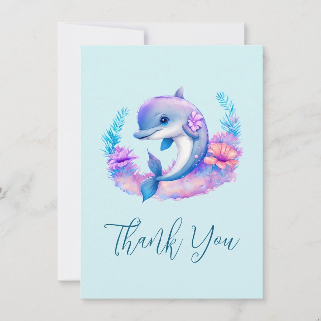 Tarjeta De Agradecimiento Cute Dolphin Sea Creature Gracias (Anverso)