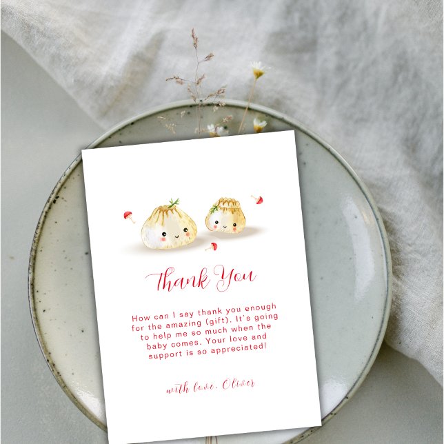 Tarjeta De Agradecimiento Cute Dumpling Mushroom Twin Baby Shower (Cute Dumpling Mushroom Twin Baby Shower Thank You Card)