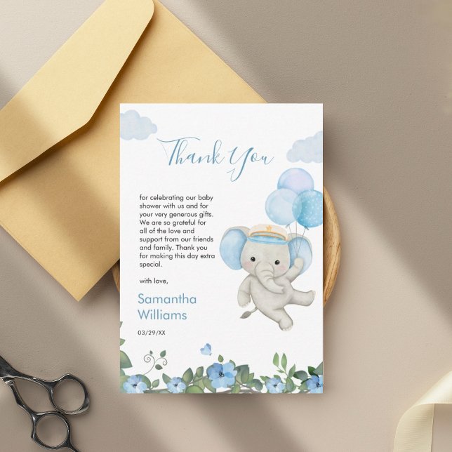 Tarjeta De Agradecimiento Cute Elephant Blue Balloon Floral Baby Shower (Subido por el creador)