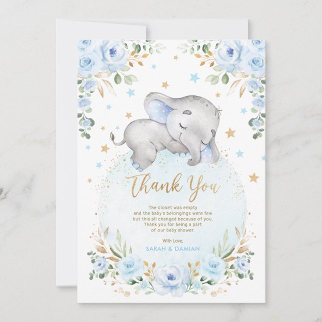 Tarjeta De Agradecimiento Cute Elephant Blue Gold Moon Stars Boy Baby Shower (Anverso)