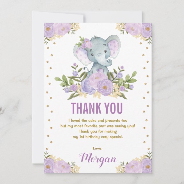 Tarjeta De Agradecimiento Cute Elephant Lavender Purple Gold Floral (Anverso)