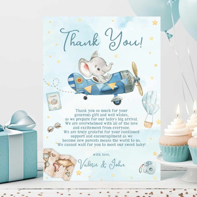 Tarjeta De Agradecimiento Cute Elephant Plane Adventure Baby Shower Cumpleañ (Subido por el creador)