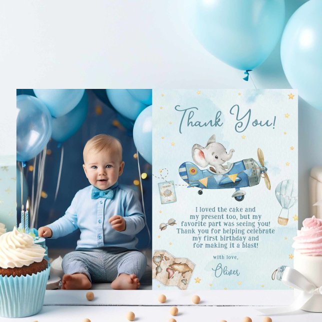 Tarjeta De Agradecimiento Cute Elephant Plane Adventure Birthday Photograph (Subido por el creador)