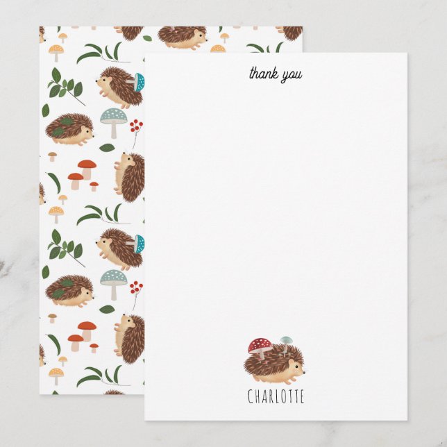 Tarjeta De Agradecimiento Cute Erizo Hongo Bosque Animales Niños (Anverso / Reverso)